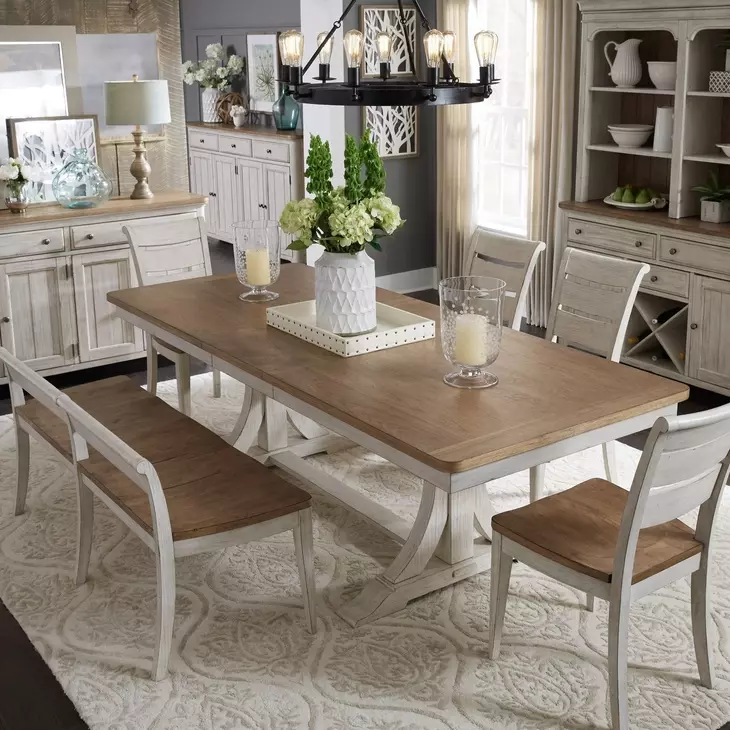 Renewed Farmhouse Antique White and Chestnut 6 Piece Extendable Dining Set