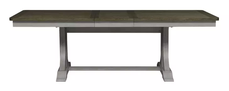 Farmhouse Reimagined Antique White and Chestnut Upholstered 6 Piece Extendable Trestle Base Dining Set