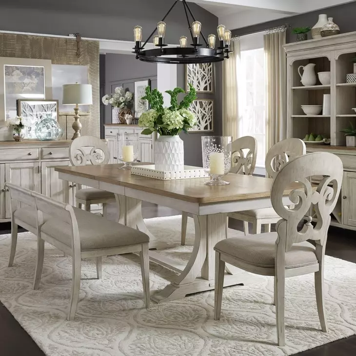 Farmhouse Reimagined Antique White and Chestnut Upholstered 6 Piece Extendable Trestle Base Dining Set