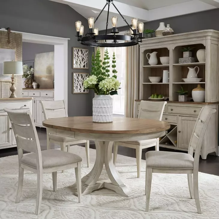 Farmhouse Reimagined Antique White and Chestnut 5 Piece Extendable Pedestal Base Dining Set