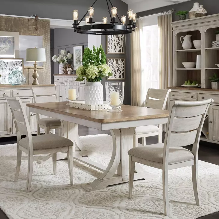 Farmhouse Reimagined Antique White and Chestnut 5 Piece Extendable Trestle Base Dining Set