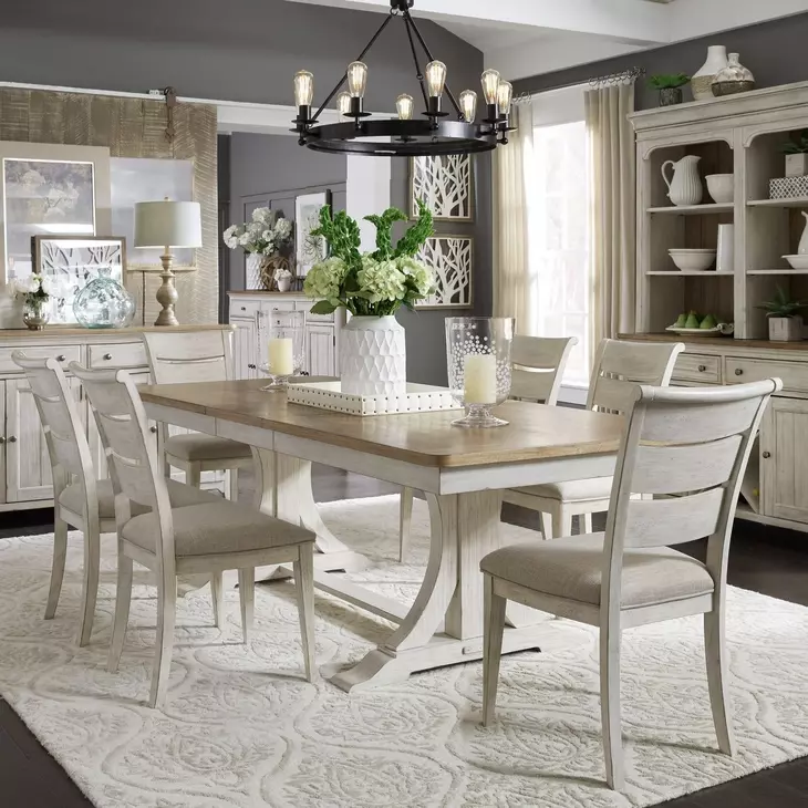 Farmhouse Reimagined Antique White and Chestnut 7 Piece Extendable Trestle Base Dining Set