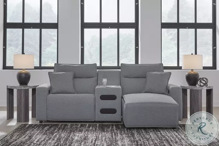 Modmax Salt And Pepper Performance Fabric 3 Piece Power Reclining Sectional with RAF Chaise And Audio Console