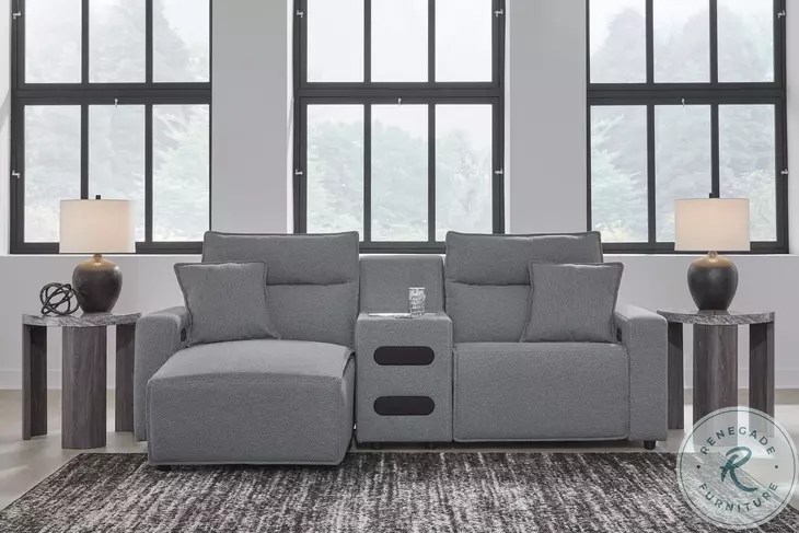 Modmax Salt And Pepper Performance Fabric 3 Piece Power Reclining Sectional with LAF Chaise And Audio Console