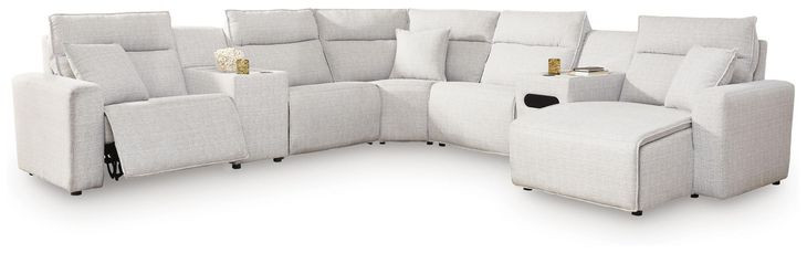 Modmax II Stone Performance Fabric 7 Piece Modular Power Reclining Sectional with USB Charging and Audio System Console