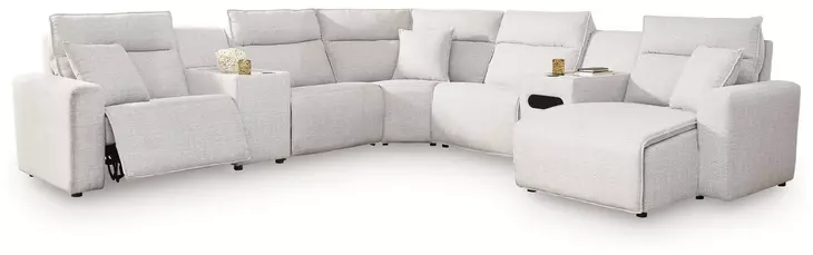 Modmax II Stone Performance Fabric 7 Piece Modular Power Reclining Sectional with USB Charging and Audio System Console
