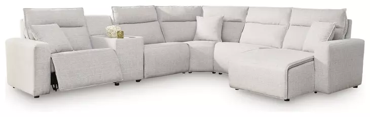Modmax II Stone Performance Fabric 6 Piece Modular Power Reclining Sectional with USB Charging and Console