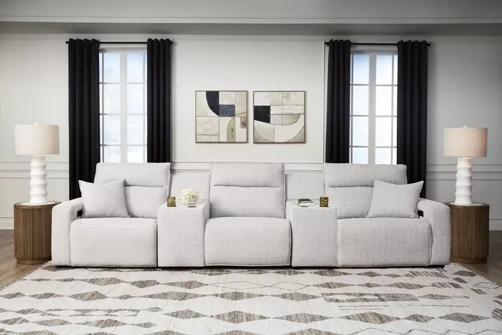 Modmax II Stone Performance Fabric 5 Piece Modular Power Reclining Sectional with Consoles and USB Charging
