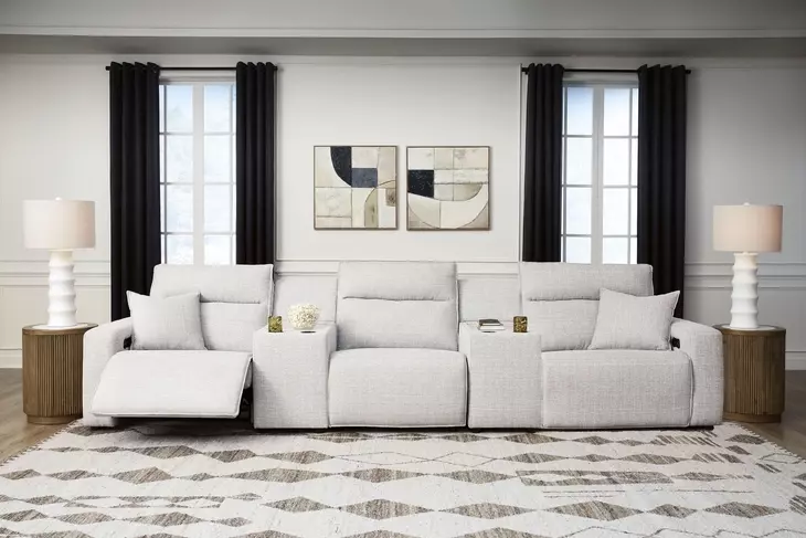 Modmax II Stone Performance Fabric 5 Piece Modular Power Reclining Sectional with Consoles and USB Charging