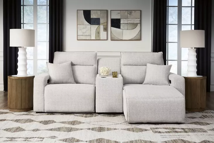 Modmax II Stone Performance Fabric 3 Piece Modular Power Reclining Sectional with Chaise and USB Charging