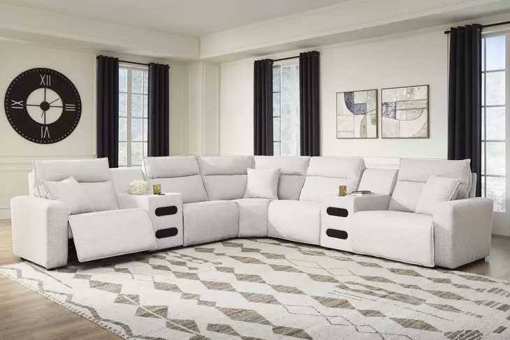 Modmax II Stone Performance Fabric 7 Piece Modular Power Reclining Sectional with USB Charging and Audio Consoles