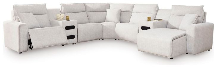 Modmax II Stone Performance Fabric 7 Piece Modular RAF Power Reclining Sectional with USB Charging and Audio Consoles