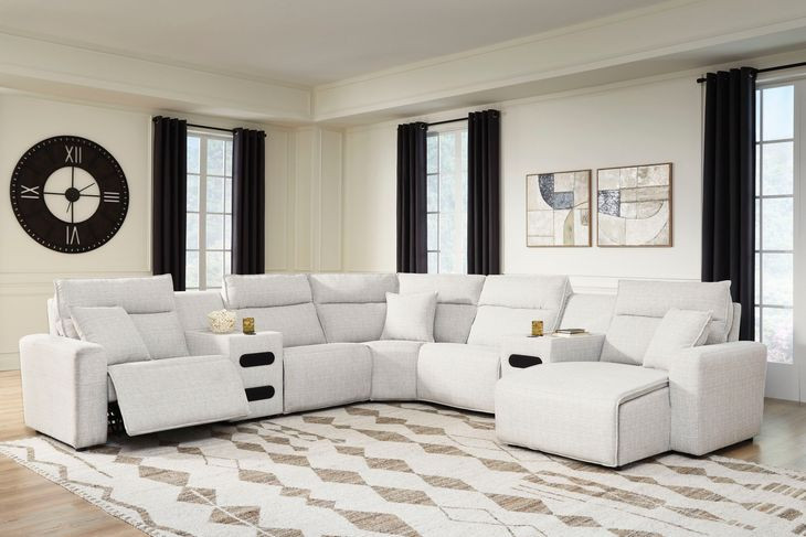 Modmax II Stone Performance Fabric 7 Piece Modular RAF Power Reclining Sectional with USB Charging and Audio Consoles