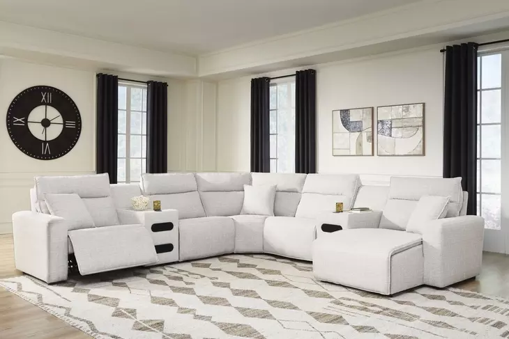 Modmax II Stone Performance Fabric 7 Piece Modular RAF Power Reclining Sectional with USB Charging and Audio Consoles