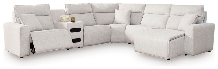 Modmax II Stone Performance Fabric 6 Piece Modular RAF Power Reclining Sectional with USB Charging and Audio Console