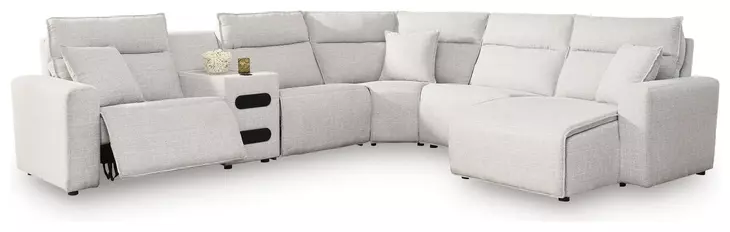 Modmax II Stone Performance Fabric 6 Piece Modular RAF Power Reclining Sectional with USB Charging and Audio Console
