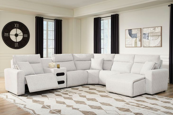 Modmax II Stone Performance Fabric 6 Piece Modular RAF Power Reclining Sectional with USB Charging and Audio Console
