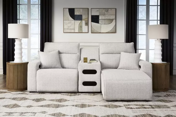 Modmax II Stone Performance Fabric 3 Piece Modular Power Reclining Sectional with USB Charging and Audio Console