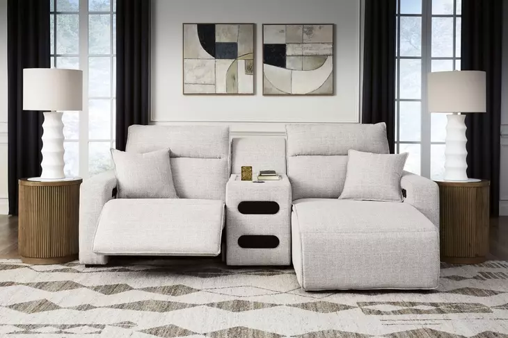 Modmax II Stone Performance Fabric 3 Piece Modular Power Reclining Sectional with USB Charging and Audio Console