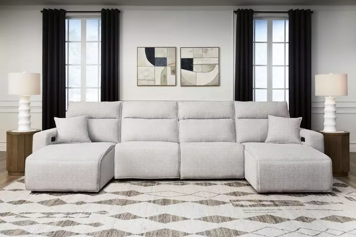 Modmax II Stone Performance Fabric 4 Piece Modular Power Reclining Sectional with Double Chaise and USB Charging