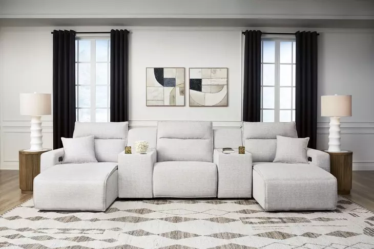 Modmax II Stone Performance Fabric 5 Piece Modular Power Reclining Sectional with USB Charging and Consoles