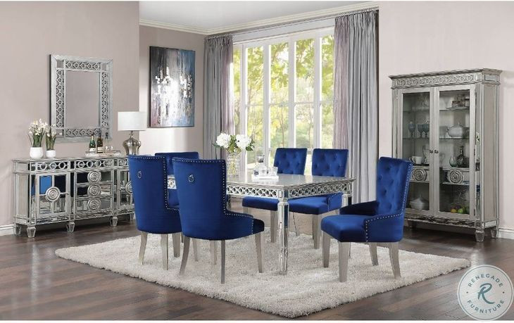 Varian Blue Fabric and Antique Platinum Side Chair with Nailhead Trim