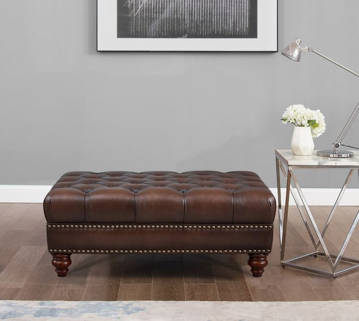 Waverly Caramel Leather Upholstered Rectangular Ottoman with Nailhead Trim