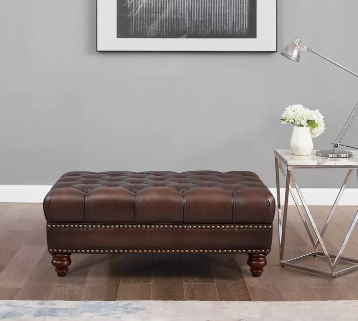 Waverly Caramel Leather Upholstered Rectangular Ottoman with Nailhead Trim