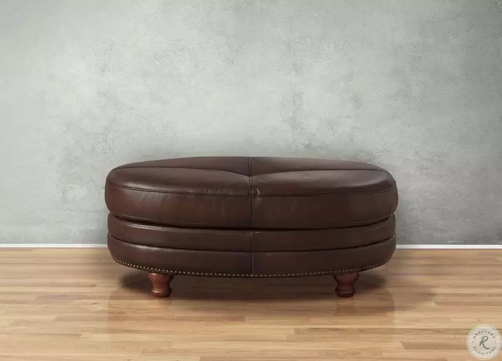 Bexley Caramel Leather Upholstered Oval Ottoman with Nailhead Trim