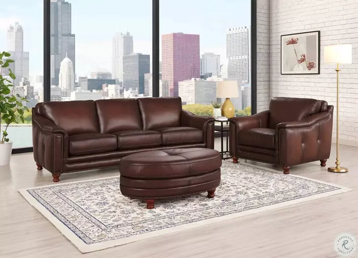 Bexley Caramel Leather Upholstered Oval Ottoman with Nailhead Trim