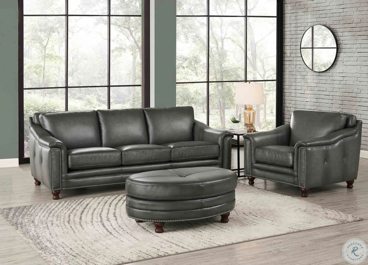 Bexley Ash Leather Upholstered Oval Ottoman with Nailhead Trim