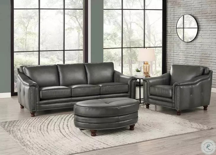 Bexley Ash Leather Upholstered Oval Ottoman with Nailhead Trim