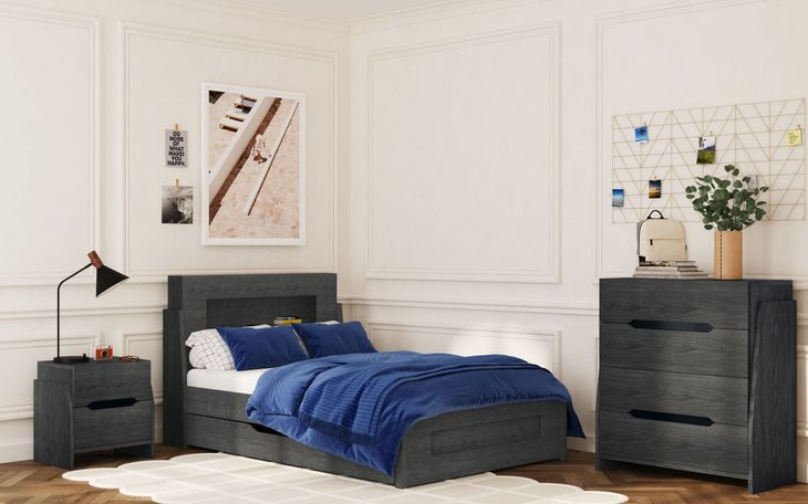 Darby Midnight Blue Full Storage Panel Bed with USB Charging and LED
