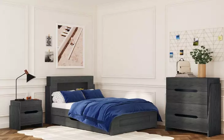 Darby Midnight Blue Full Storage Panel Bed with USB Charging and LED