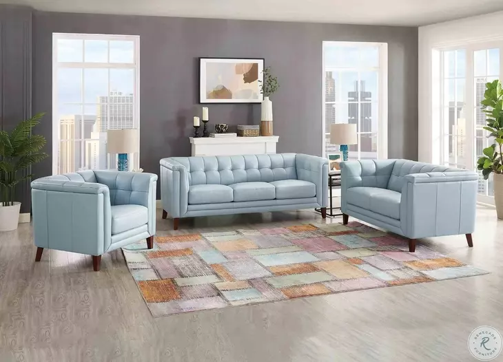 Elric Spa Blue Leather 84" Sofa