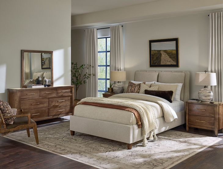 Pure Maple Syrup and Sandstone Performance Fabric King Upholstered Panel Bed