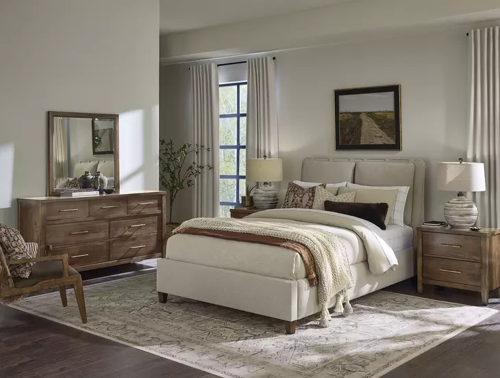 Pure Maple Syrup and Sandstone Performance Fabric Queen Upholstered Panel Bed