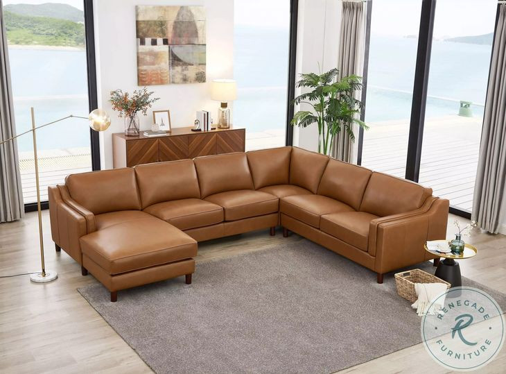 Isla Cognac Leather 4 Piece Modular Sectional with Nailhead Trim