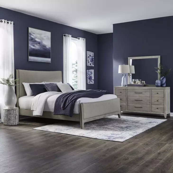 Newbury Sanctuary White and Flax Tone King Upholstered Panel Bed