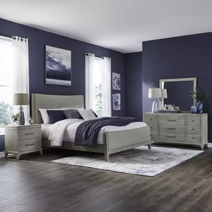 Newbury Sanctuary White and Flax Tone Upholstered Panel Bedroom Set