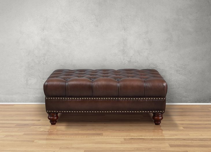 Waverly Caramel Leather Upholstered Rectangular Ottoman with Nailhead Trim