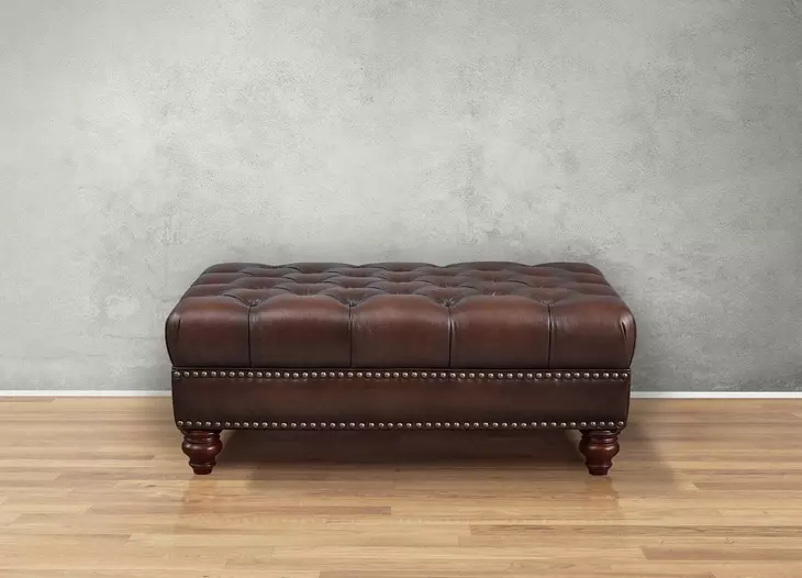 Waverly Caramel Leather Upholstered Rectangular Ottoman with Nailhead Trim