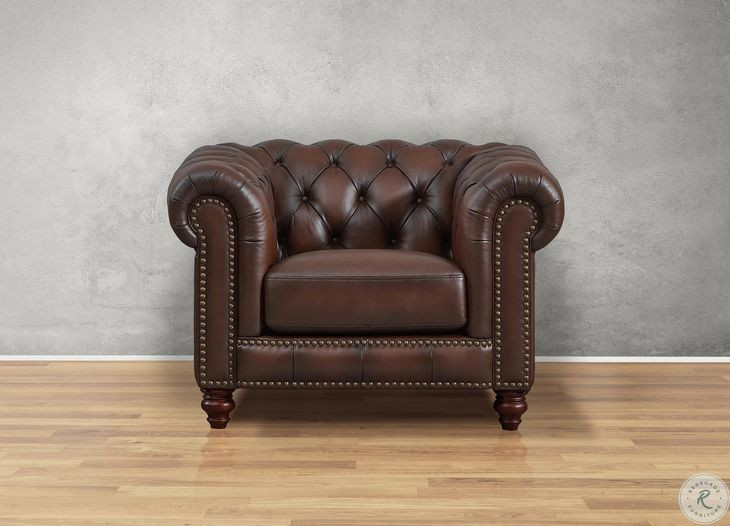 Waverly Caramel Leather Upholstered Accent Chair with Nailhead Trim