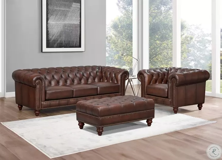 Waverly Caramel Leather Upholstered Accent Chair with Nailhead Trim