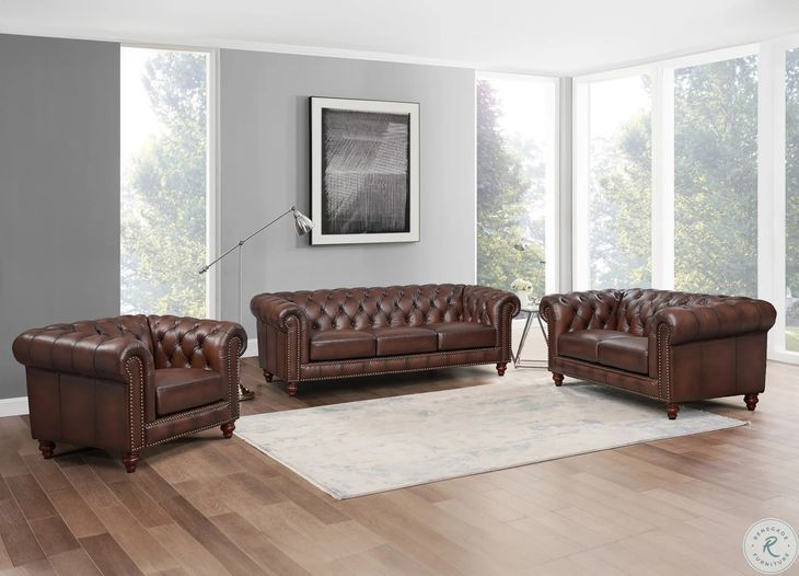 Waverly Caramel Leather 91" Sofa with Nailhead Trim