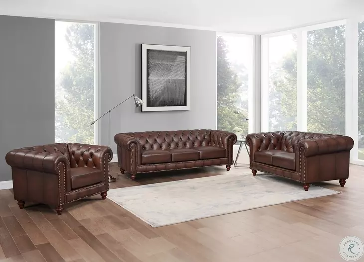 Waverly Caramel Leather 91" Sofa with Nailhead Trim