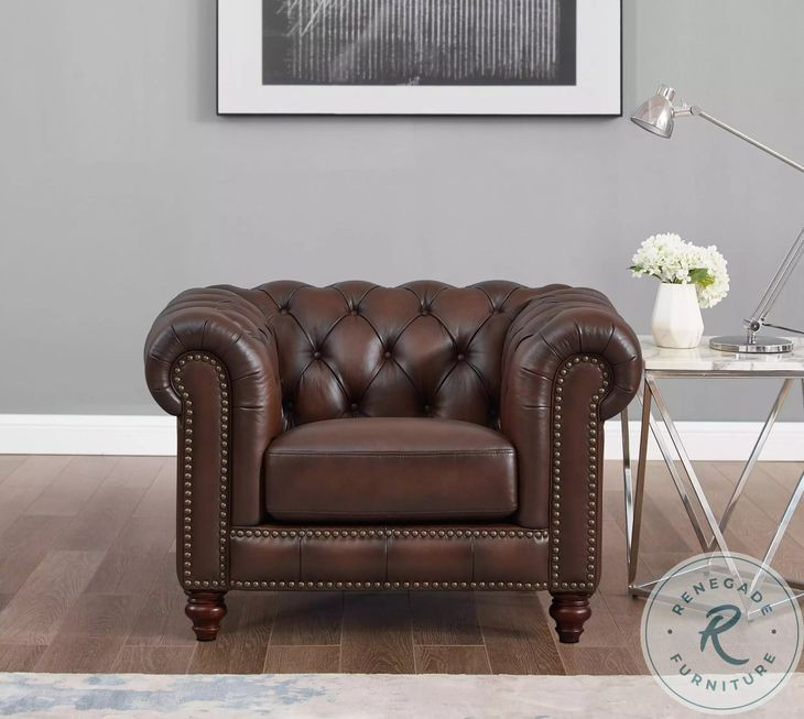 Waverly Caramel Leather Upholstered Accent Chair with Nailhead Trim