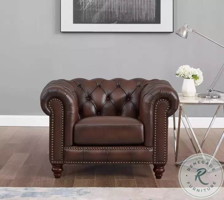 Waverly Caramel Leather Upholstered Accent Chair with Nailhead Trim