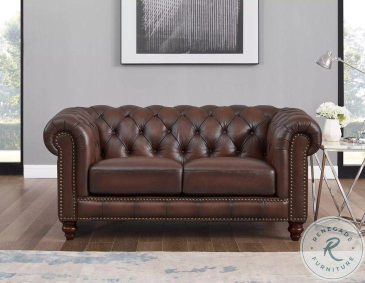 Waverly Caramel Leather 68" Loveseat with Nailhead Trim