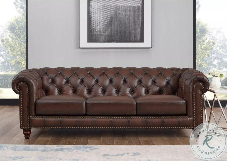 Waverly Caramel Leather 91" Sofa with Nailhead Trim